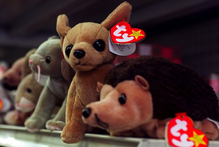 Beanie Babies sit on the shelf of a variety store