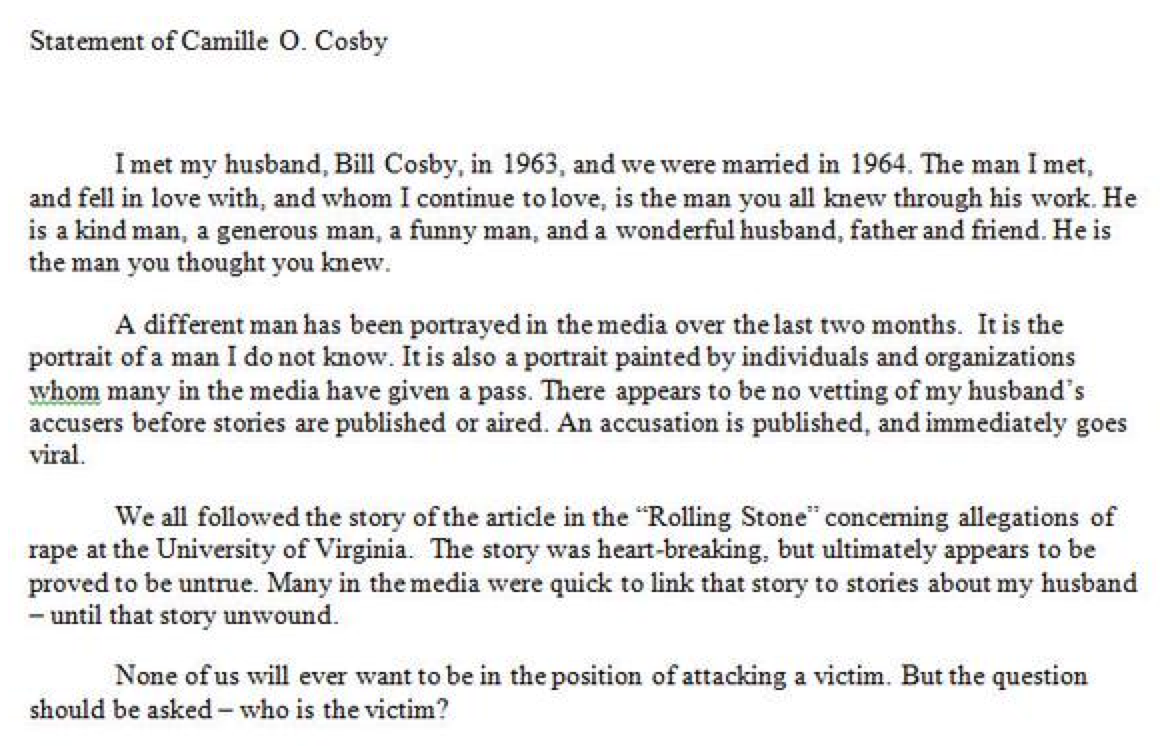 camille cosby statement